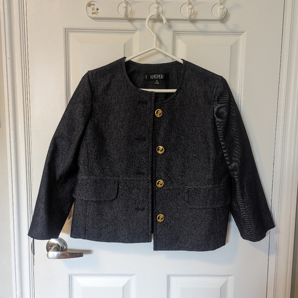 Kasper Dark Grey Cotton Blend Stretchy Jean Gold Gold Anchor Button Blazer (6P) - Picture 2 of 13